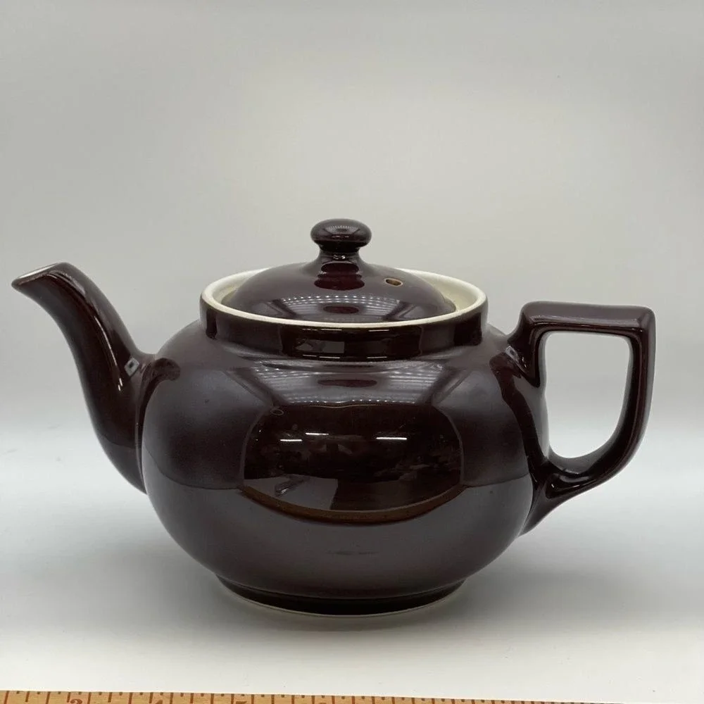 Vintage Hall China Brown‎ Teapot Ivory Interior USA Drip Glaze Vented Lid